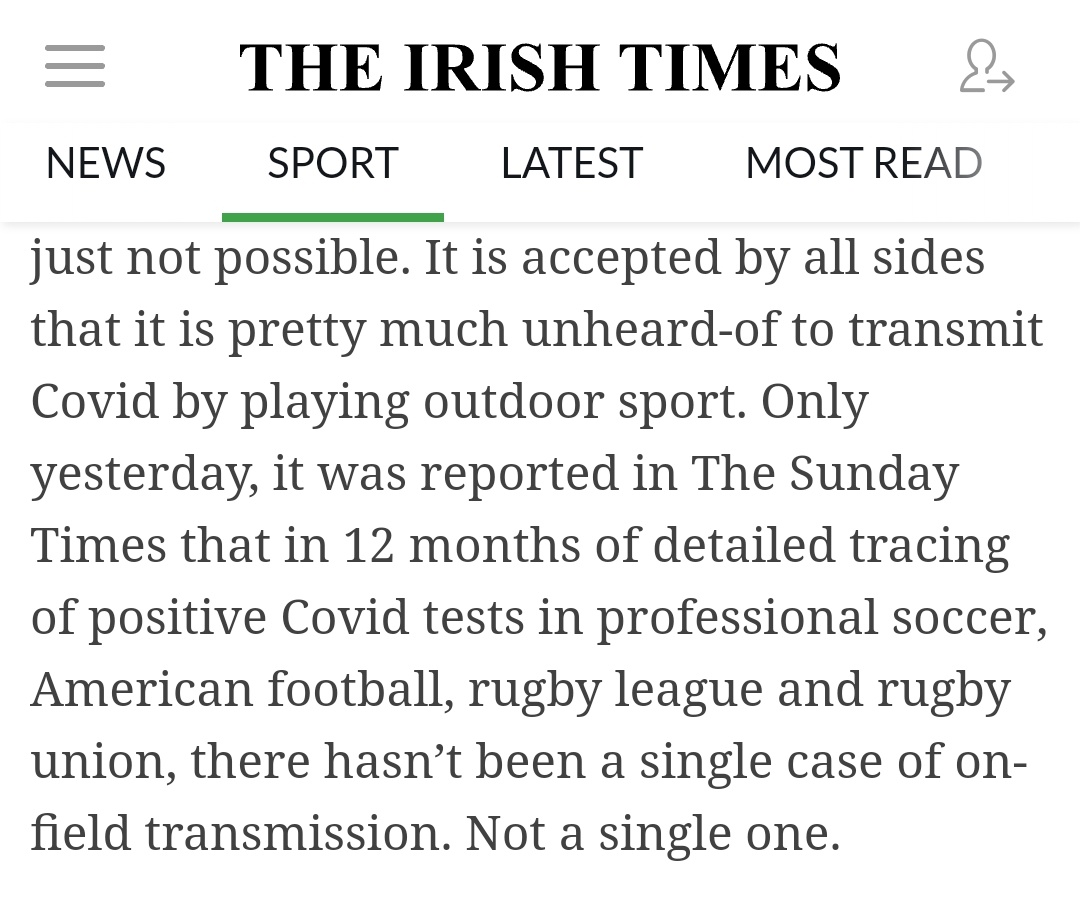 I don't think there will be public outrage at Dublin footballers, as people understand science showing outdoor activities are safe, and that our restrictions are out of kilter with rest of free world.
As per Irish Times article on March 7, 2021...
