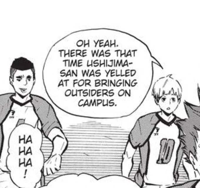 this is so funny like of course shirabu would randomly bring up embarrassing stuff about anyone and reon would laugh about it but the whole thing about ushijima getting yelled at is so ??? 