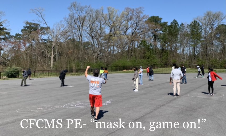 CfcmsP's tweet photo. Getting some fresh air during PE! Social distancing while creating new games!      

“Obstacles don't have to stop you. If you run into a wall, don't turn around and give up. Figure out how to climb it, go through it, or work around it.”-MJ @CfcmsHawks @CfcmsP https://t.co/haVuC0wV0A