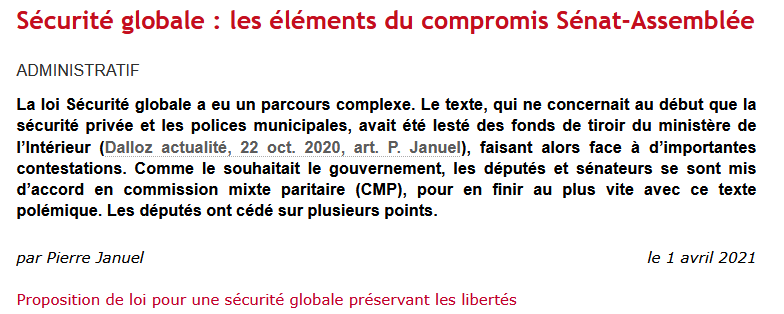 's tweet image. #PPLSécuritéglobale Les éléments du compromis Sénat-Assemblée
Article 24, drones, caméras, sécurité privée, amendement anti-@L214, cellules de garde à vue vidéosurveillées, réductions de peine, polices municipales ...
dalloz-actualite.fr/flash/securite… (en accès libre)