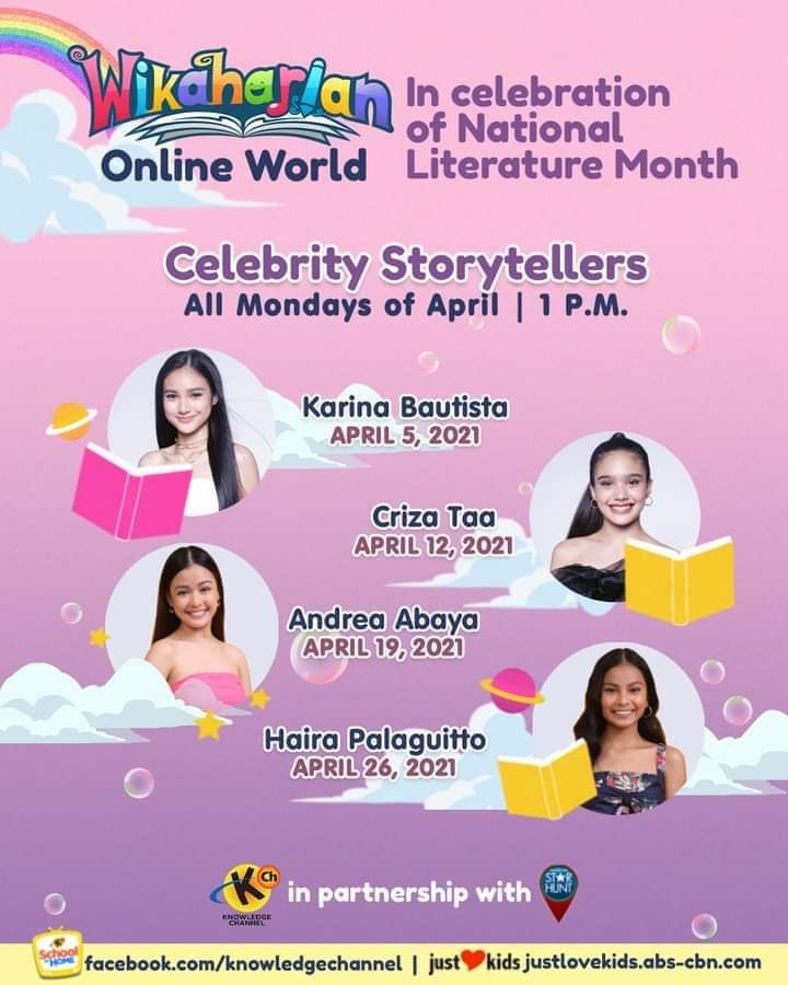 Dahil April is #NationalLiteratureMonth, may espesyal tayong mga makakasama sa Wikaharian Online World! 🤩 Makisaya sa kwentuhan kasamaang ating teen celebrity storytellers mula sa ABS-CBN Star Hunt! Kita-kits for an afternoon full of fun learning! ✨

#KarJon