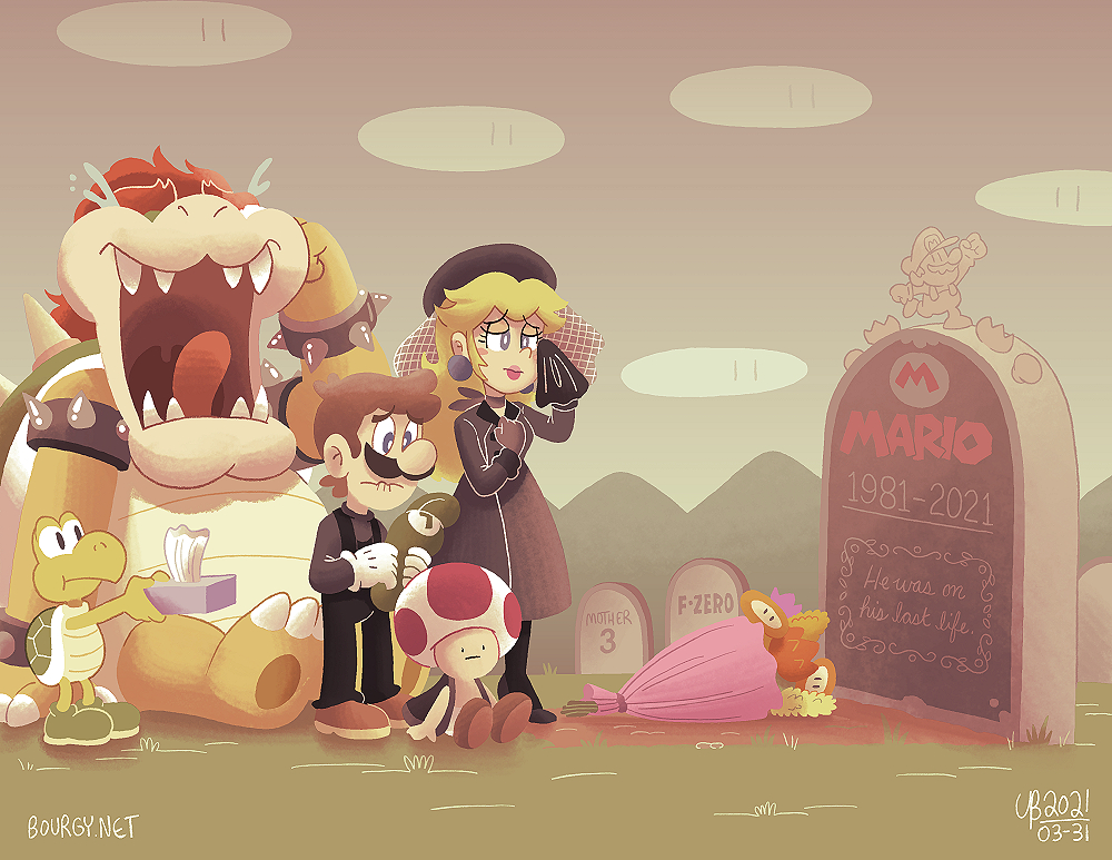 March 31st has passed. Mario is officially dead. He had a good life! Too bad he didn't grab one more 1UP mushroom.

#SuperMario35 #SuperMario35th