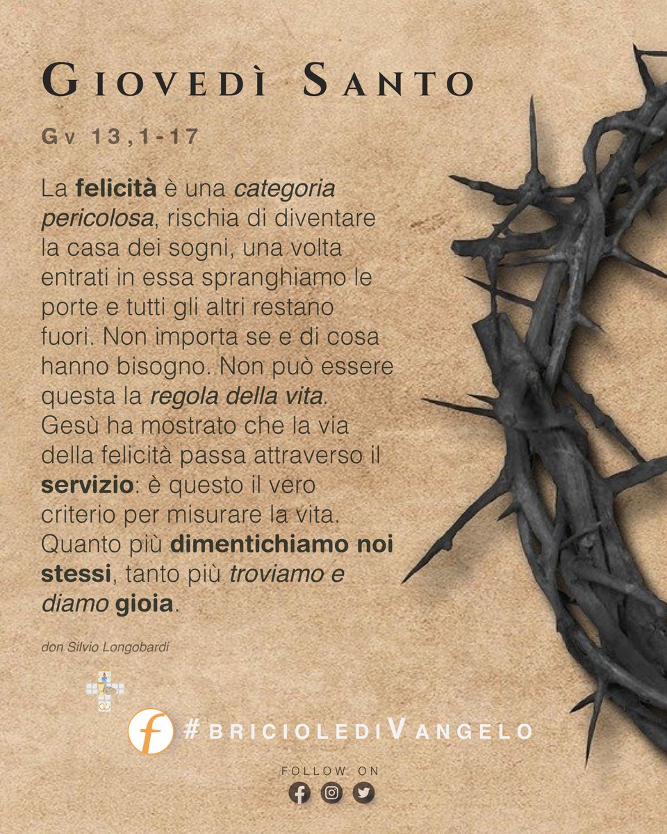 𝙇'𝙖𝙪𝙩𝙤𝙧𝙞𝙩𝙧𝙖𝙩𝙩𝙤
“Si alzò da tavola, depose le vesti, prese un asciugamano e se lo cinse attorno alla vita” (Gv 13,4).

Leggi il commento di oggi qui:
puntofamiglia.net/puntofamiglia/…

#briciolediVangelo #fraternitadiEmmaus #puntofamiglia