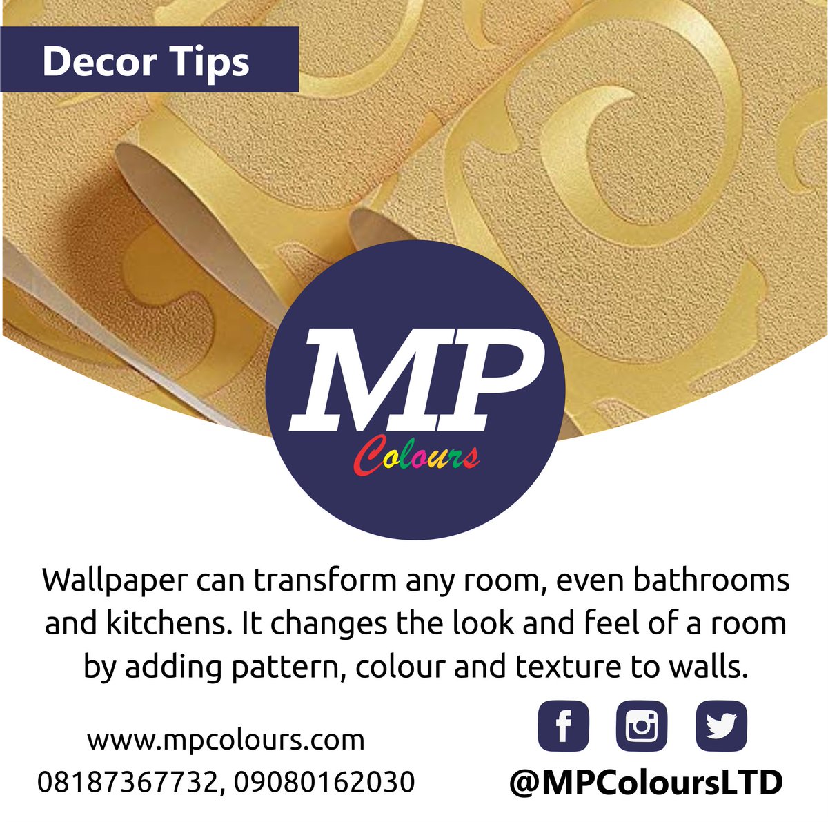 MPColoursLTD's tweet photo. #Wallpaper can transform any room, even bathrooms and kitchens. It changes the look and feel of a room by adding pattern, colour and texture to walls.

#AbujaTwitterCommunity #Abuja #Nigeria https://t.co/siqGy0whVx