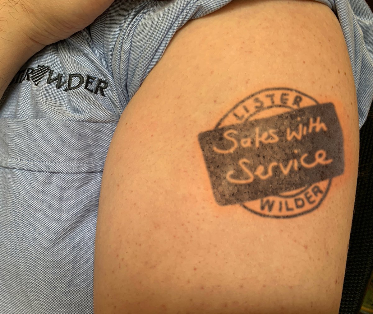 ListerWilderGC's tweet photo. Colleagues have decided to take their commitment to LW one step further, choosing to get the companies much loved โSales with Serviceโ logo tattooed as a sign of their unwavering commitment. We really do have the most dedicated team! #SaleswithService #ThatisDedication https://t.co/E3baR1vlJC