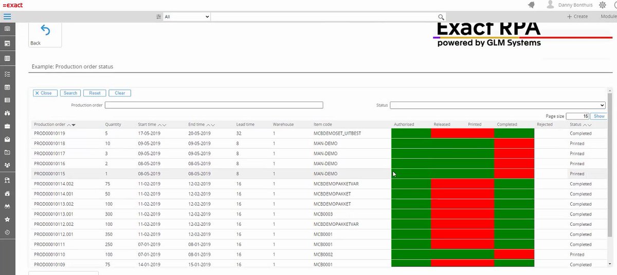 Nice demo by Danny Bonthuis of Exact RPA: viewing production order status in Synergy (many ERP supported: Exact, Epicor, SAP B1, ECi Macola,...) See glmsystems.com/en/ <a href="/Casaboontha/">Danny Bonthuis</a> <a href="/GijsLamers/">GLM Systems</a>