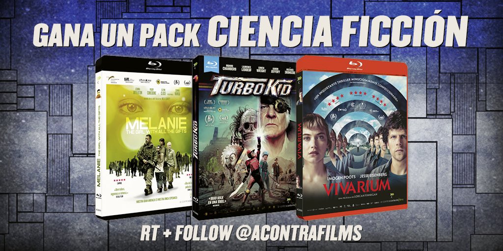 acontrafilms's tweet photo. 🔊¡SORTEAMOS UN PACK #CIENCIAFICCIÓN 🛸🧟‍♂️ 👾 ! 🔊

Hazte con los siguientes DVD o BLU-RAY:

✔️ #Melanie 🧟‍♀️ 
✔️ #TurboKid 🛹⚡️
✔️ #Vivarium 🏠🙃🏠 

¿Quieres uno? RT y seguir a @acontrafilms 🤩

Tienes hasta el sábado 10 de abril a las 23.59h ⏰ https://t.co/kWLhvR0wl4