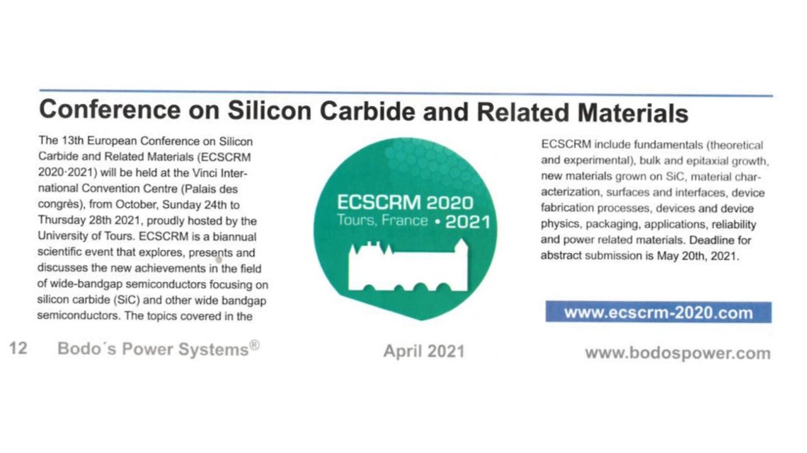 ecscrm2021's tweet photo. Announcement for the ECSCRM 2020-2021 conference in the last Bodo's power systems magazine

#SiC
#siliconcarbide
#powerelectronics
#ecscrm2021
#widebandgap
#Bodos_Power https://t.co/W16jKThYbE