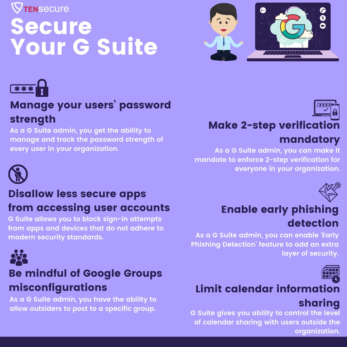 tensecure's tweet photo. Using GSuite for your Organization? 
Follow these tips to secure your GSuite and ultimately your organization from cyber threats and attacks

#cybersecurity #cybersecuritytips #cybersecurityawareness #emailsecurity #gsuite #technology #infosec https://t.co/I5oTlMq5r7