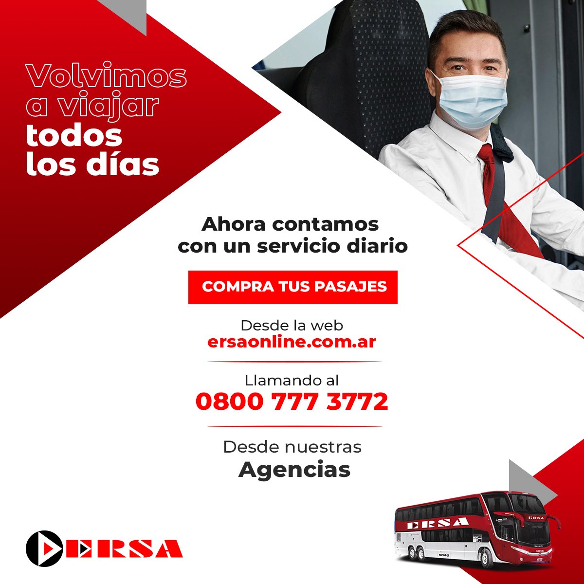ERSA_ok's tweet photo. Ahora contamos con un servicio diario 👏🏻✅🚌
Podes comprar tus pasajes desde: 

✅ La web: https://t.co/sOcFWc9GRX 💻
✅ Llamando al 080-777-3772 ☎️
✅ Desde nuestras agencias y terminales 

#Ersa #SabeLlevarte https://t.co/ySRZnJ3pDt