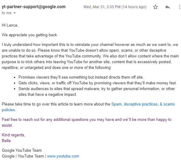 The1iAmNeo's tweet photo. @TeamYouTube again a big let down. I got this copy paste email saying i did the following, *read the screenshot* They can't even provide me a sentence of me saying anything that breaks the rules, i do nothing different than any other youtuber who has an affiliate link FIX THIS!!! https://t.co/M36wjtcM5N