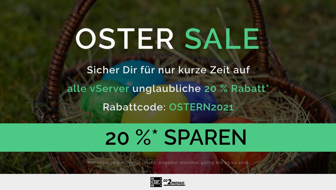 Oster Sale - Sicher Dir für nur kurze Zeit 20 % Rabatt auf alle vServer-Modelle. Rabattcode: OSTERN2021. Weitere Infos findest du hier: go2prepaid.de/vServer #go2prepaid #g2p #hoster #hosting #sale #rabatt #ostern #vserver #server #domain #domains #webspace