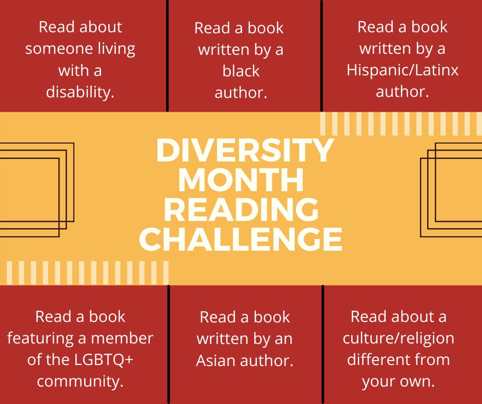 ClayLibrary's tweet photo. Diversity Month Reading Challenge!
Once you have read books/materials for all 6 of the challenges, message us through Facebook Messenger telling us what you read for each category, and be entered for a chance for a prize! #CelebrateDiversityMonth #ReadingChallenge #ClayCoLibrary https://t.co/E5TDKdfcl9