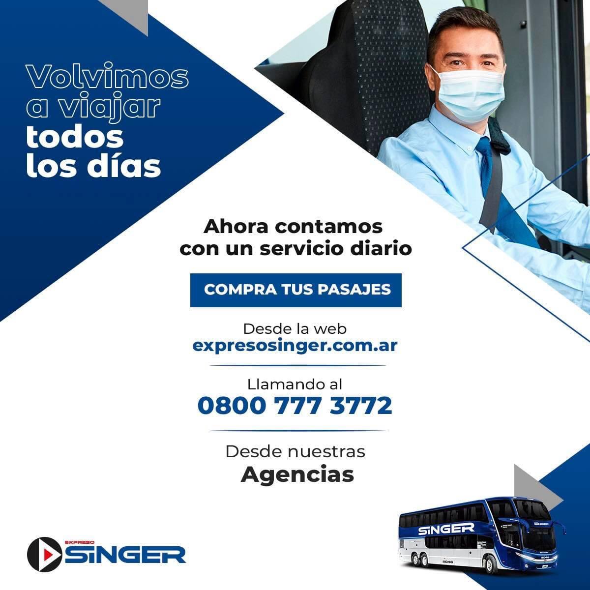 Ahora contamos con un servicio diario 👏🏻✅🚌
Podes comprar tus pasajes desde: 

✅ La web: expresosinger.com.ar 💻
✅ Llamando al 080-777-3772 ☎️
✅ Desde nuestras agencias y terminales 

#ExpresoSinger
