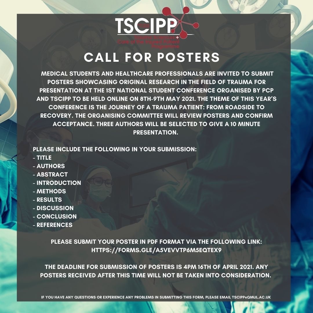 tscipp's tweet photo. 🚨 CALL FOR POSTERS 🚨

TSCIPP are inviting students and healthcare professionals to present posters at our upcoming annual conference in collaboration with @The_PCP 

Any piece of original research that could be discussed in a trauma forum is welcome! https://t.co/3QIwtwPBZX