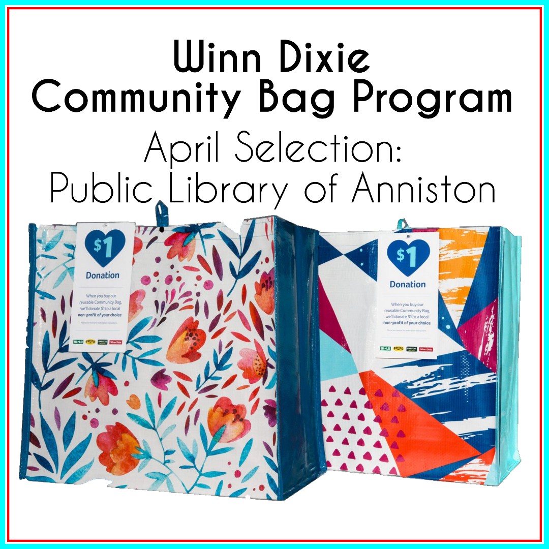 publibann's tweet image. Winn Dixie Community Bag Program
During the month of April the Friends of the Public Library of Anniston &amp;amp; Calhoun County will receive a $1 donation from each purchase of a Winn Dixie reusable community bag located at Winn Dixie, 1408 Golden Springs Roade, Anniston, AL.