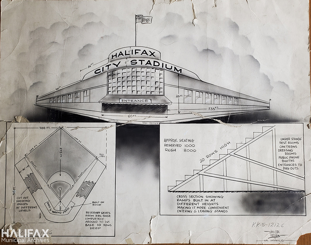#HRMThatWasnt: #hfxarchives has this neat drawing by Jack MacMellon, sports cartoonist at the Halifax Chronicle. It was filed in the City Works Dept between 1945-50. It shows the exterior of a proposed stadium, and that's all we know! Do you have info on this stadium that wasn't?