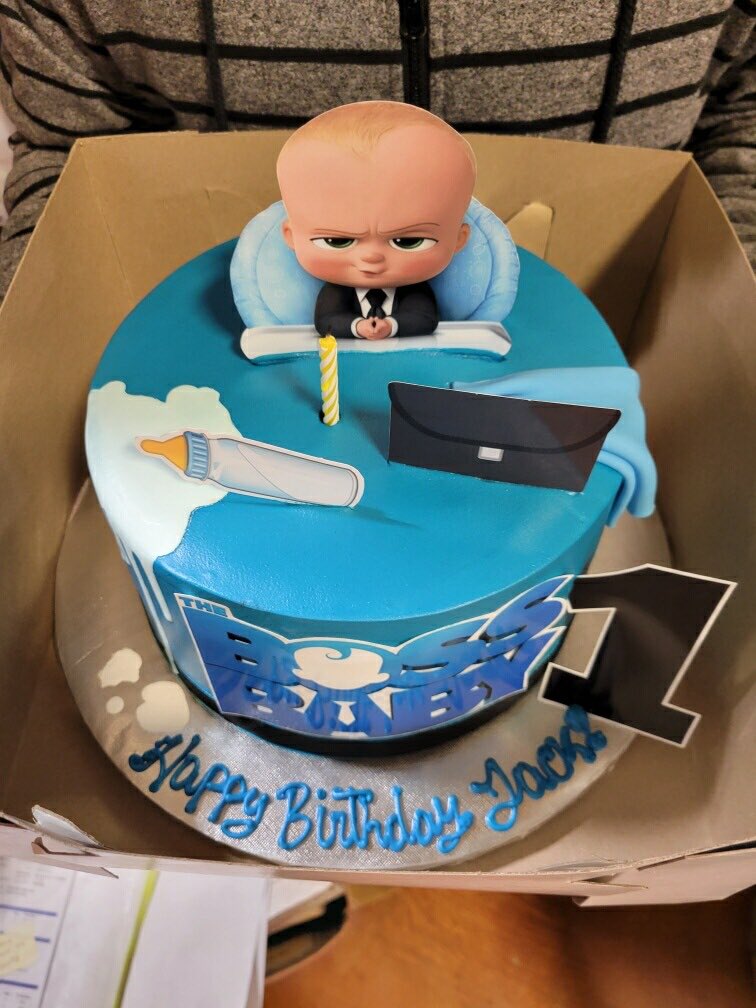 onlyTGI's tweet photo. Jack's production team surprised him with some fun birthday decorations and an awesome cake. When you have teammates that work hard but also can have fun together, you know you are doing something right! Happy 34th Birthday @jglacks10 Keep being a great "Boss Baby"!  #workfamily https://t.co/IIUxVTWjmT