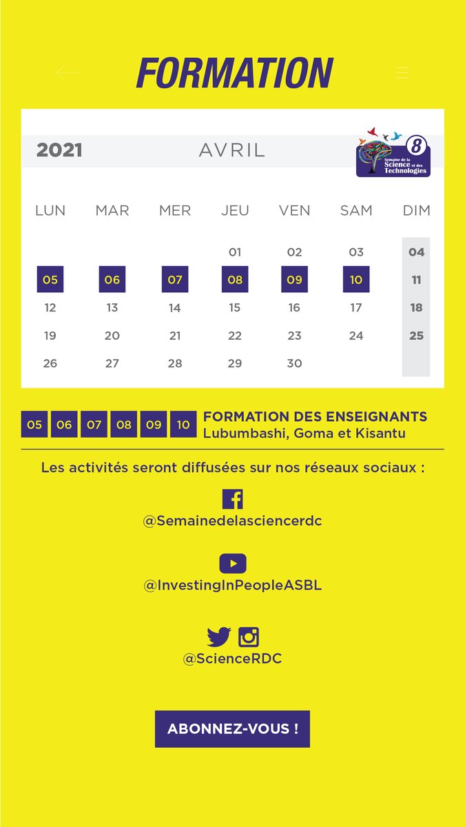 ScienceRDC's tweet photo. Aujourd'hui, débute le Mois des Sciences et des Technologies en #RDC avec la 8e édition de la #SST8. Voici le pgm. Les activités sur invitation seront diffusées sur YouTube et les liens ZOOM seront partagés ici
@stemdrc @EducTV2 @MinistereEPST @UNESCOKinshasa @peqpesu https://t.co/5YQbi1wEP7