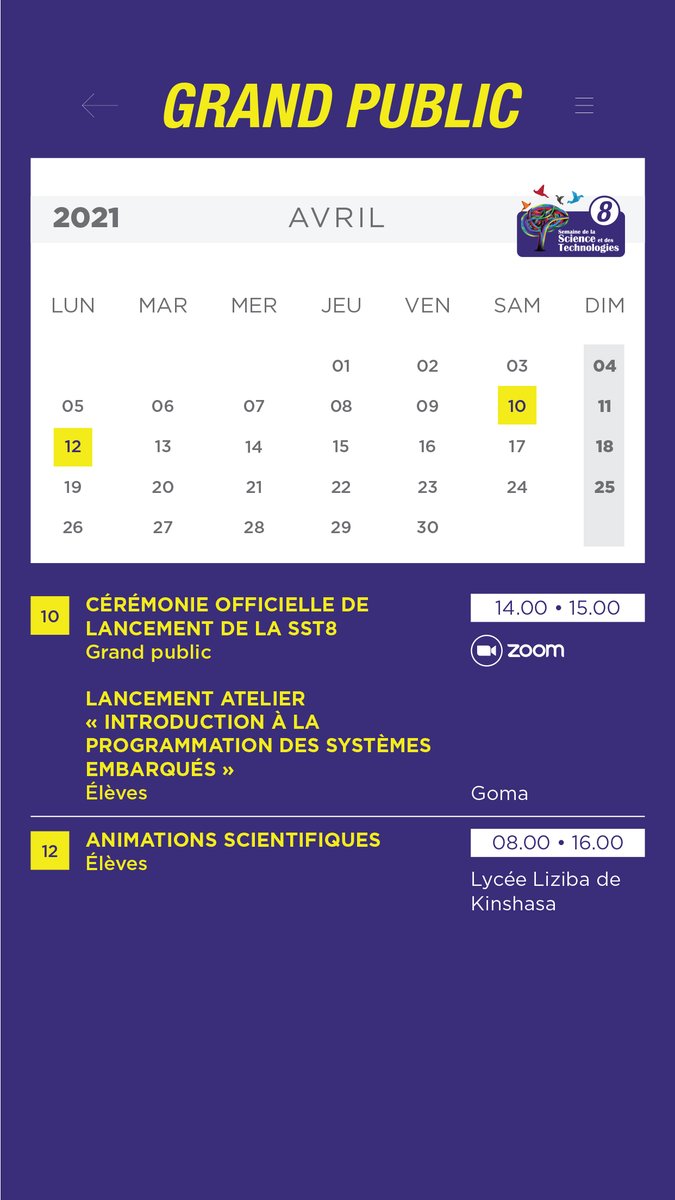 ScienceRDC's tweet photo. Aujourd'hui, débute le Mois des Sciences et des Technologies en #RDC avec la 8e édition de la #SST8. Voici le pgm. Les activités sur invitation seront diffusées sur YouTube et les liens ZOOM seront partagés ici
@stemdrc @EducTV2 @MinistereEPST @UNESCOKinshasa @peqpesu https://t.co/5YQbi1wEP7