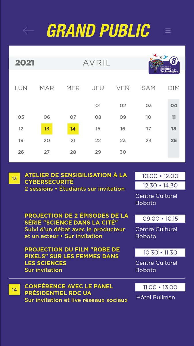 ScienceRDC's tweet photo. Aujourd'hui, débute le Mois des Sciences et des Technologies en #RDC avec la 8e édition de la #SST8. Voici le pgm. Les activités sur invitation seront diffusées sur YouTube et les liens ZOOM seront partagés ici
@stemdrc @EducTV2 @MinistereEPST @UNESCOKinshasa @peqpesu https://t.co/5YQbi1wEP7