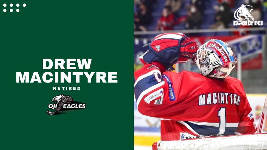HockeyPEI's tweet photo. NEWS: #PEI’s most decorated goaltender, Drew MacIntyre announces his retirement from Professional Hockey at the age of 37.

Read more ➡️ https://t.co/L70Tdi2thj https://t.co/Je3TRvq2Og