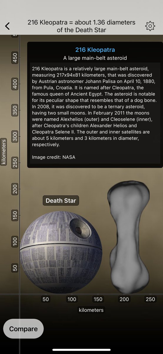 GamifyItApps's tweet photo. The Death Star and “216 Kleopatra” are 2 of the objects that people are most excited about in the #UniversalZoom app. So, let's put them side by side today. #StarWars #Space https://t.co/uYU0j99aW9