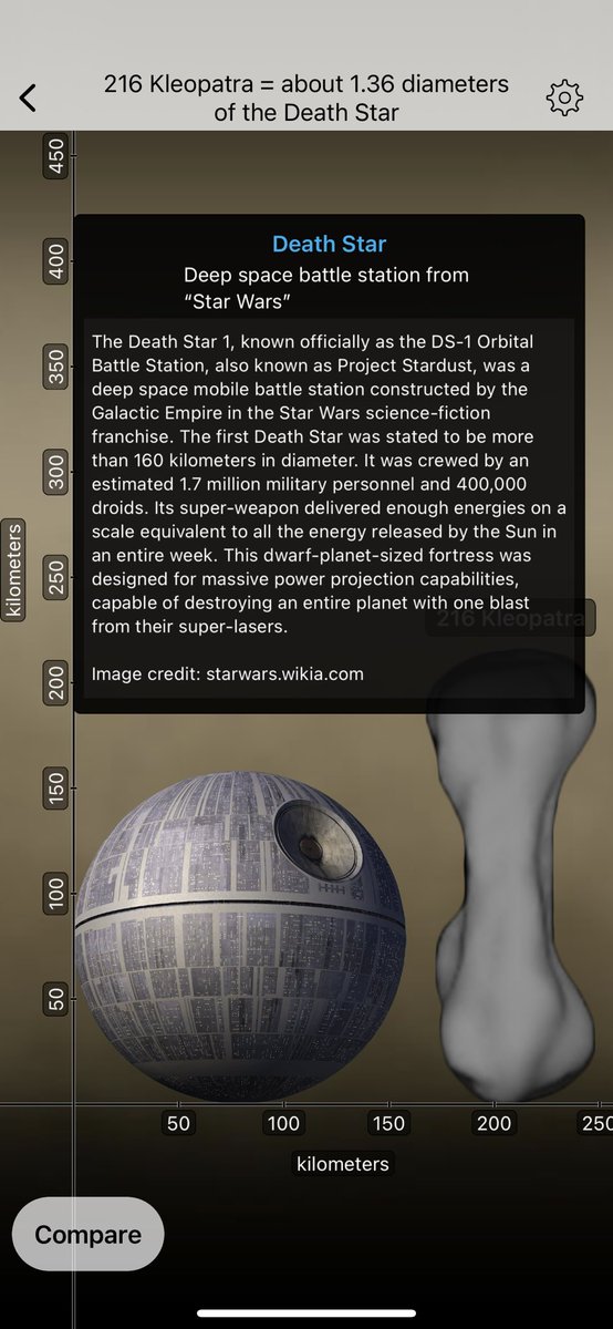 GamifyItApps's tweet photo. The Death Star and “216 Kleopatra” are 2 of the objects that people are most excited about in the #UniversalZoom app. So, let's put them side by side today. #StarWars #Space https://t.co/uYU0j99aW9