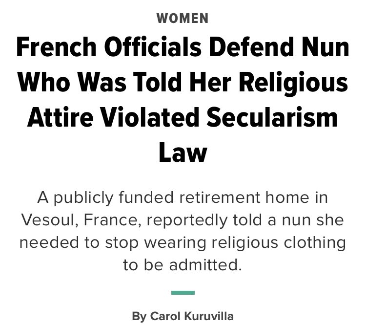 shaelaiza's tweet photo. The hijab ban in France seems like a clash of cultures or a clash between secularism and religion but it’s just veiled racism. Pun intended.

How can you tell?

The ban doesn’t apply to nuns because according to French officials, a habit is a symbol of devotion not submission. https://t.co/FBjI4s0r7w