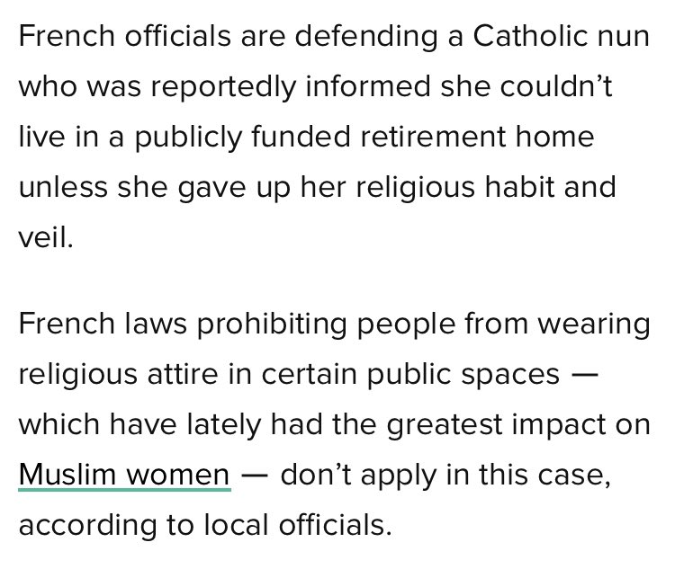 shaelaiza's tweet photo. The hijab ban in France seems like a clash of cultures or a clash between secularism and religion but it’s just veiled racism. Pun intended.

How can you tell?

The ban doesn’t apply to nuns because according to French officials, a habit is a symbol of devotion not submission. https://t.co/FBjI4s0r7w