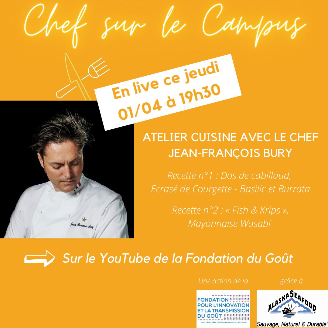 LA SEMAINE DU GOUT® (@semainedugout) on Twitter photo #chefsurlecampus – spécial étudiants 👨🍳👩🍳
Retrouvez le chef Jean-François Bury en live ce soir à 19h30 pour réaliser 2 recettes !
👉 En live sur la chaine YouTube de la Fondation du Goût : youtube.com/channel/UCzrfE…
À ce soir ! 😋
Merci à <a href="/JFBuryOfficiel/">JEAN FRANÇOIS BURY</a> et Alaska Seafood France ! #chefsurlecampus – spécial étudiants 👨🍳👩🍳
Retrouvez le chef Jean-François Bury en live ce soir à 19h30 pour réaliser 2 recettes !
👉 En live sur la chaine YouTube de la Fondation du Goût : youtube.com/channel/UCzrfE…
À ce soir ! 😋
Merci à <a href="/JFBuryOfficiel/">JEAN FRANÇOIS BURY</a> et Alaska Seafood France !