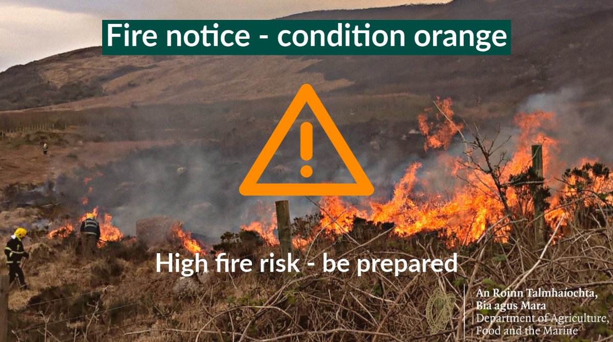 🚨#FireWarning 

🟧 Condition Orange – High Fire Risk 🟧

🔥We have issued an Orange Forest Fire Warning arising from weather patterns and expected level of risk during the Easter Bank Holiday weekend.

🛑Warning in place until 12pm on Tuesday, April 6.

📍gov.ie/en/publication…