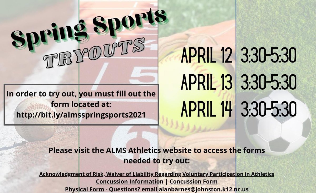We are gearing up for a busy Spring here at The Lodge.  SPRING SPORTS ARE HERE!!! Tryouts for Spring Sports will be happening after Spring Break!

Fill out the form below and make sure your athlete is on the list. 

bit.ly/almsspringspor…

Let’s Go Gators!!!!