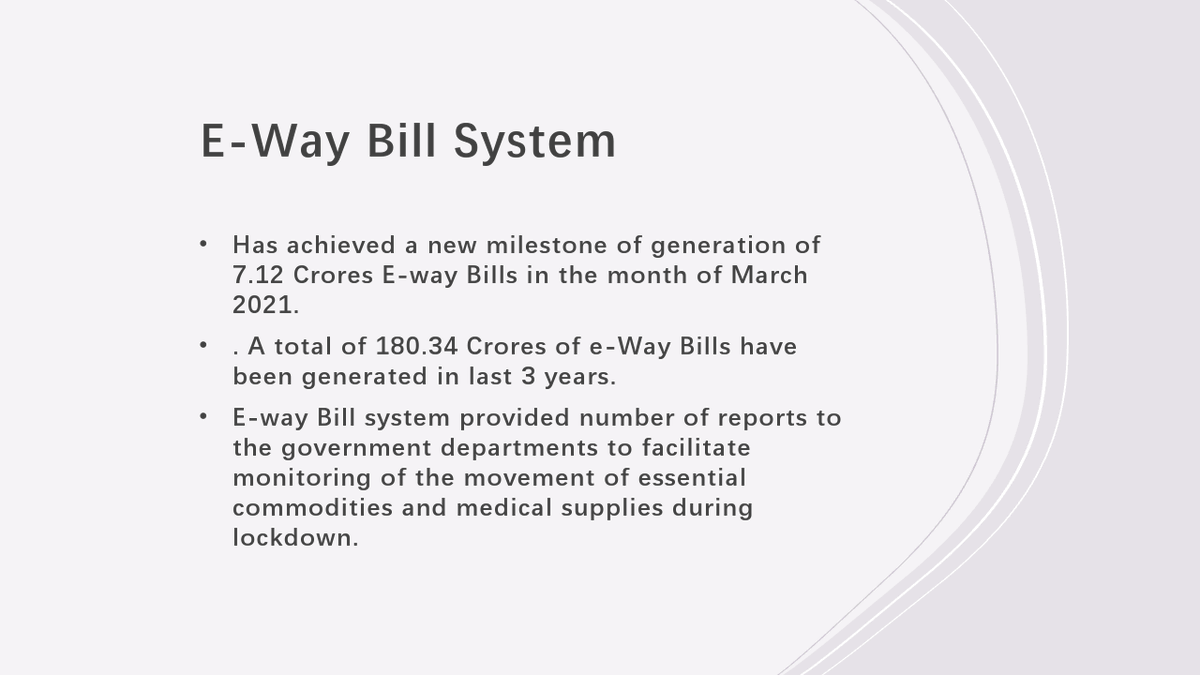 E-Way Bill System under GST regime achieves a new milestone of generation of 7.12 Crores E-way Bills in the month of March 2021.

Details: pib.gov.in/PressReleseDet…