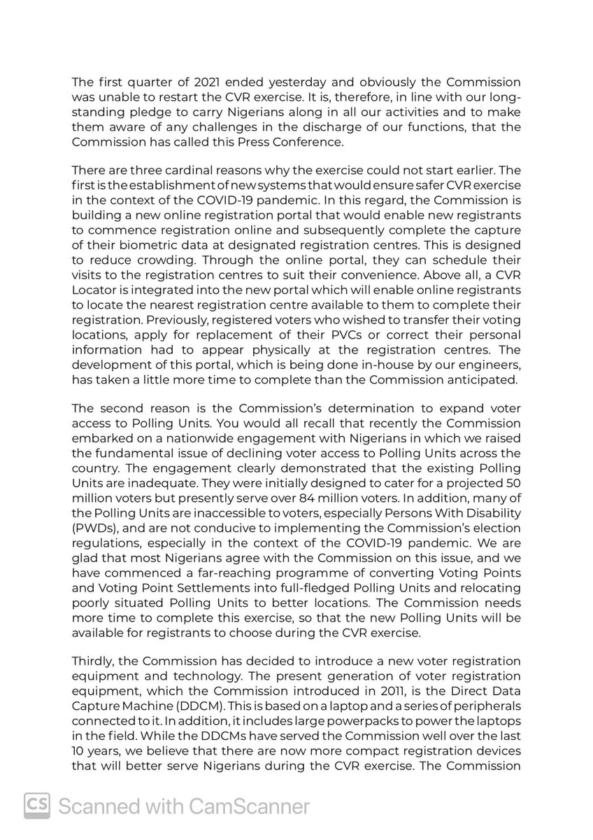 inecnigeria's tweet photo. BREAKING NEWS:
Continuous Voters’ Registration will resume on Monday 28th June 2021, Says INEC Chairman. https://t.co/BvdvotXz9B