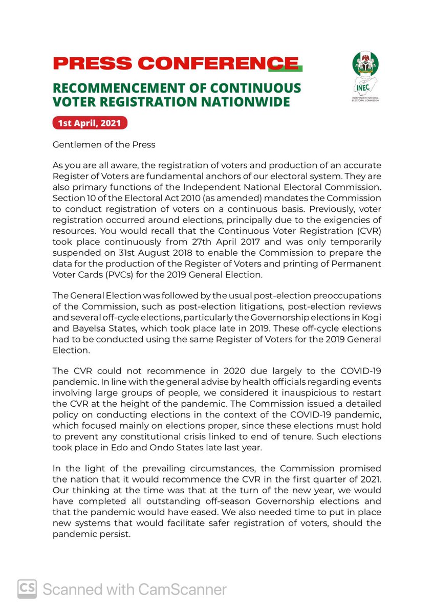inecnigeria's tweet photo. BREAKING NEWS:
Continuous Voters’ Registration will resume on Monday 28th June 2021, Says INEC Chairman. https://t.co/BvdvotXz9B