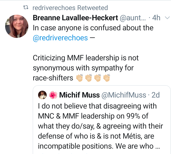LADYALEXANDRIA's tweet photo. I am sorry I cannot follow an effort or organization that uses the term #Raceshifters . This is NOT right. #Metis , #MetisNation . You are trying to challenge #DavidChartrand and #MMF. So you wipe out the Good you are trying to do by using the term Raceshifting. https://t.co/vwCVwsZb5E
