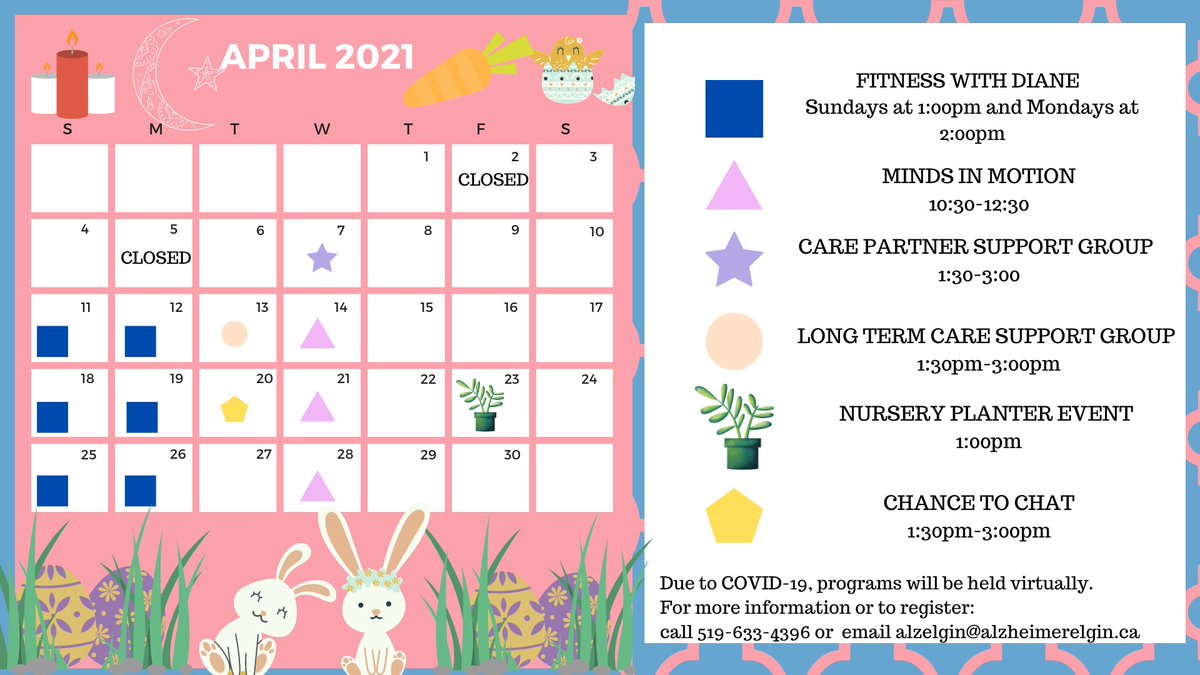AlzSWP's tweet image. It&apos;s #April 1st which means we are sharing this months #ProgramCalendar!
Registration is required so if you would like to take part in any of our programs, please contact our office at 519-633-4396 or email alzelgin@alzheimerelgin.ca
#ElginCounty #StThomas
