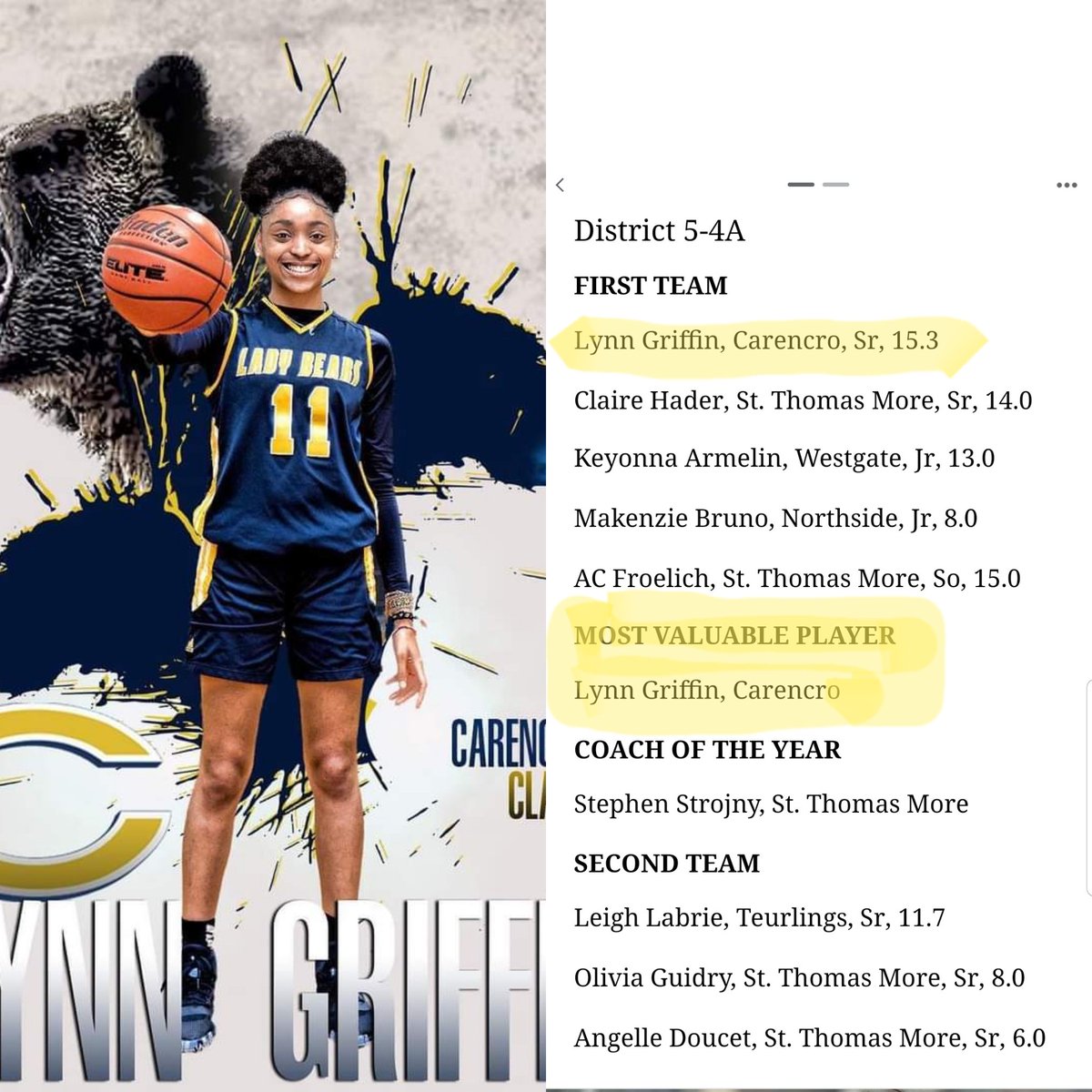 Dward1027's tweet photo. I would like to congratulate my daughter @lynndakid for making first team all district and being name district MVP. I'm proud of you keep working. @smccladybears  #daddysgirl❤️ #mvp #keepworking #offtocollegeball #Carencroladybears #girlpower https://t.co/vupoDlwnKE