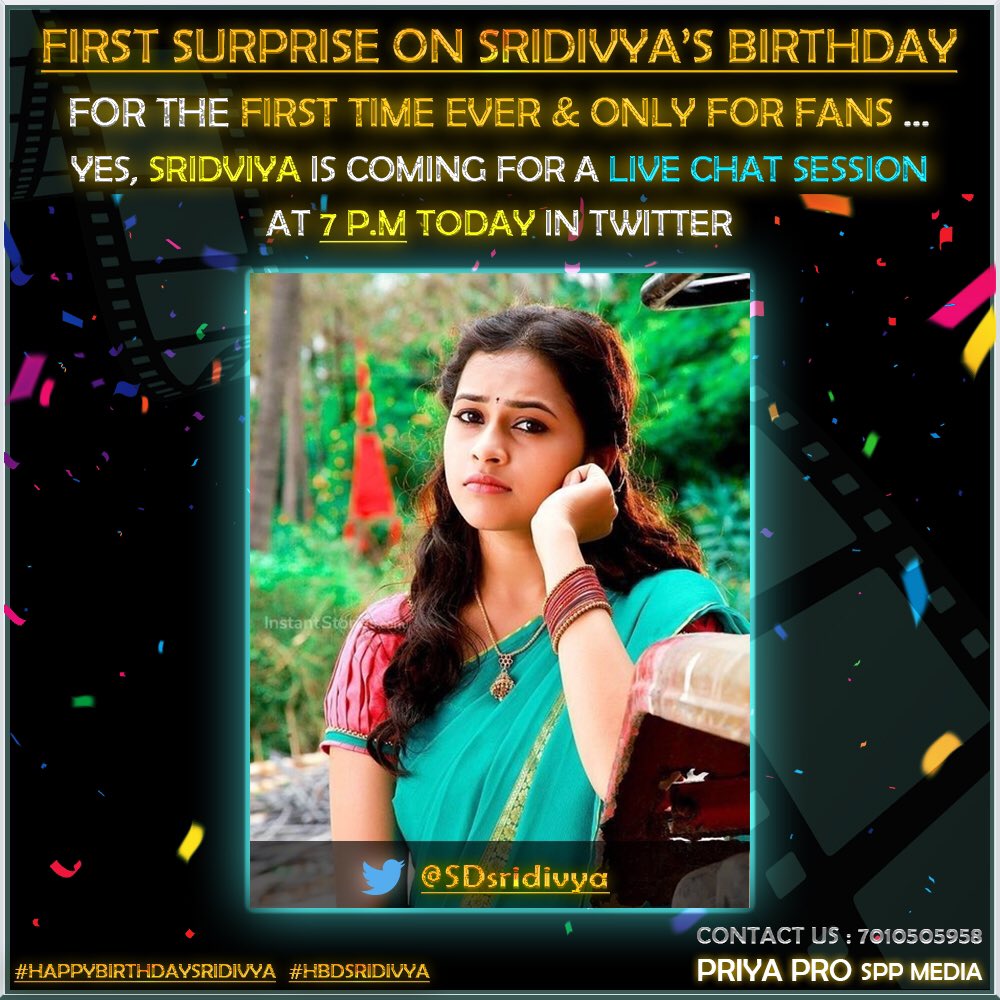 thalasurya_AFC's tweet photo. Here we are unwrapping the first surprise gift for #SDians #SDfans who were waiting for so long ! Chat session with the birthday girl @SDsridivya for the first time ever on her birthday for the precious loveable fans !
#HappyBirthdaySriDivya #HBDSridivya
@PRO_Priya @spp_media https://t.co/DoehfjHgnQ