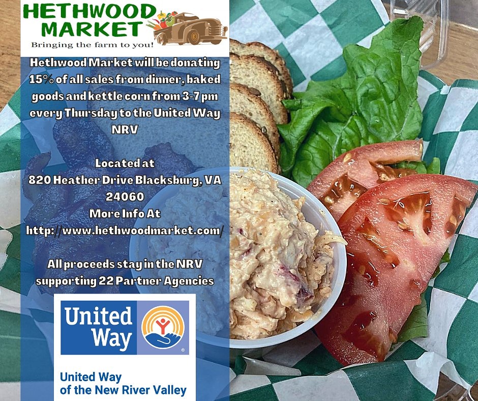 Be sure to visit #HethwoodMarket in Blacksburg Thursday evening from 3-7p! 15% of sales from dinner, baked goods, and kettle corn will be donated to #UnitedWayNRV 
Order online for fast and easy pickup at:
direct.chownow.com/order/19881/lo… #hethwoodmarket #unitedway #liveunited