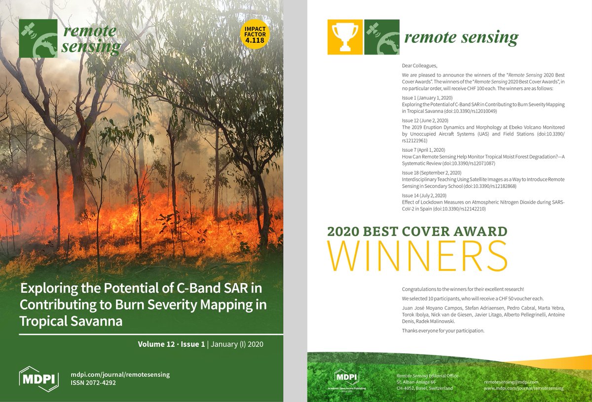 BalthasarMarius's tweet photo. I'm pleased to share that one of my articles, co-authored by @shaunlevick, is among the winners of the "Remote Sensing 2020 Best Cover Award".

Access the article: https://t.co/wjiiRqcaTU

Thanks to @RemoteSens_MDPI and all participants who voted.
#openaccess #EarthObservation https://t.co/Y9Zs2cfnXV