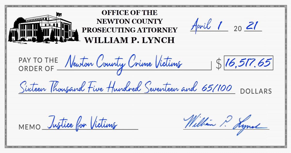 NewtonCountyPA's tweet photo. The Newton County Prosecutor's Office is sending out checks today totaling $16,517.65 collected from criminal defendants to help make crime victims whole. https://t.co/pBraL8kERA