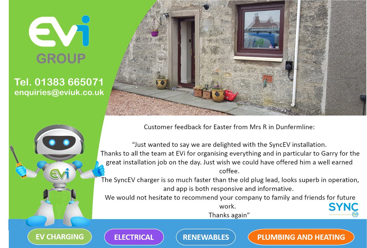 ChargeEvi's tweet photo. Lovely feedback from another satisfied EVi customer. This time with the installer created @syncev_uk discreet and tidy chargepoint. Great tech for such a small unit. @FifeChamber @BGFife #greenandeasychargewithevi https://t.co/vgOCl3cxZu
