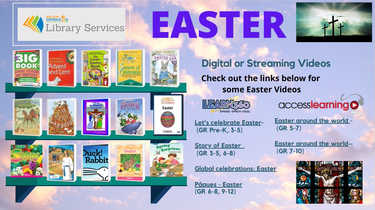 LRC_HCDSB's tweet photo. The LRC have created an Easter Bookshelf where you can find books and video resources. As always, contact your school library professional or LRC staff for passwords or more information on accessing these resources. https://t.co/x6uAVKChto  #LRCCheckItOut @HCDSB https://t.co/tVlff1oZAP