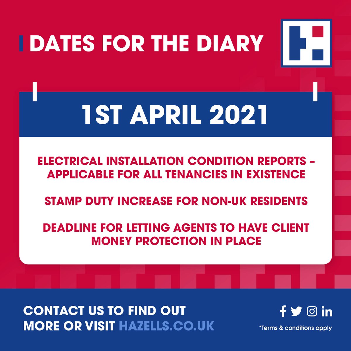 HazellsUK's tweet photo. 1ST APRIL - DATES FOR THE DIARY
All existing tenancies will require an electrical inspection condition report.
•
Stamp duty increases for non-UK residents
Deadline for letting agents to have Client Money Protection in place
#Lettings #tenancies #clientmoneyprotection #StampDuty https://t.co/Ro4AWaMP7v