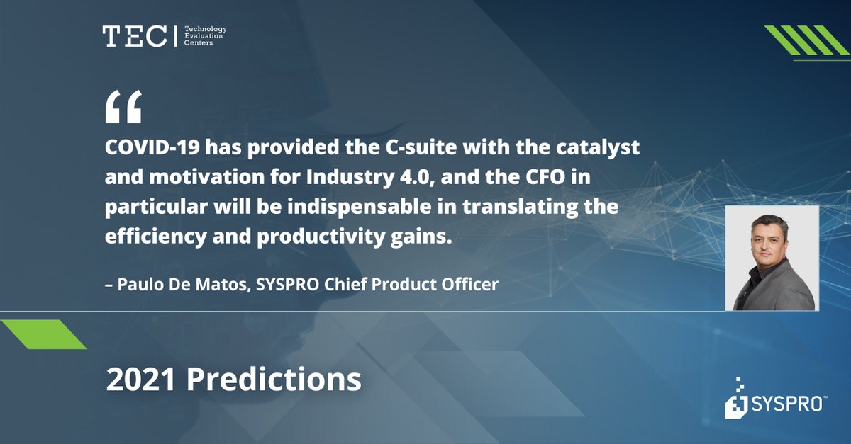 SYSPRO's tweet photo. Our Chief Product Officer Paulo De Matos recently shared his 2021 predictions with analyst firm @TECtweets. Read his predictions here: https://t.co/88oLrvYafZ
#DigitalTransformation #ThinkForward #TechnologyEvaluationCenters #ForMoversAndMakers https://t.co/TXurq33Rok
