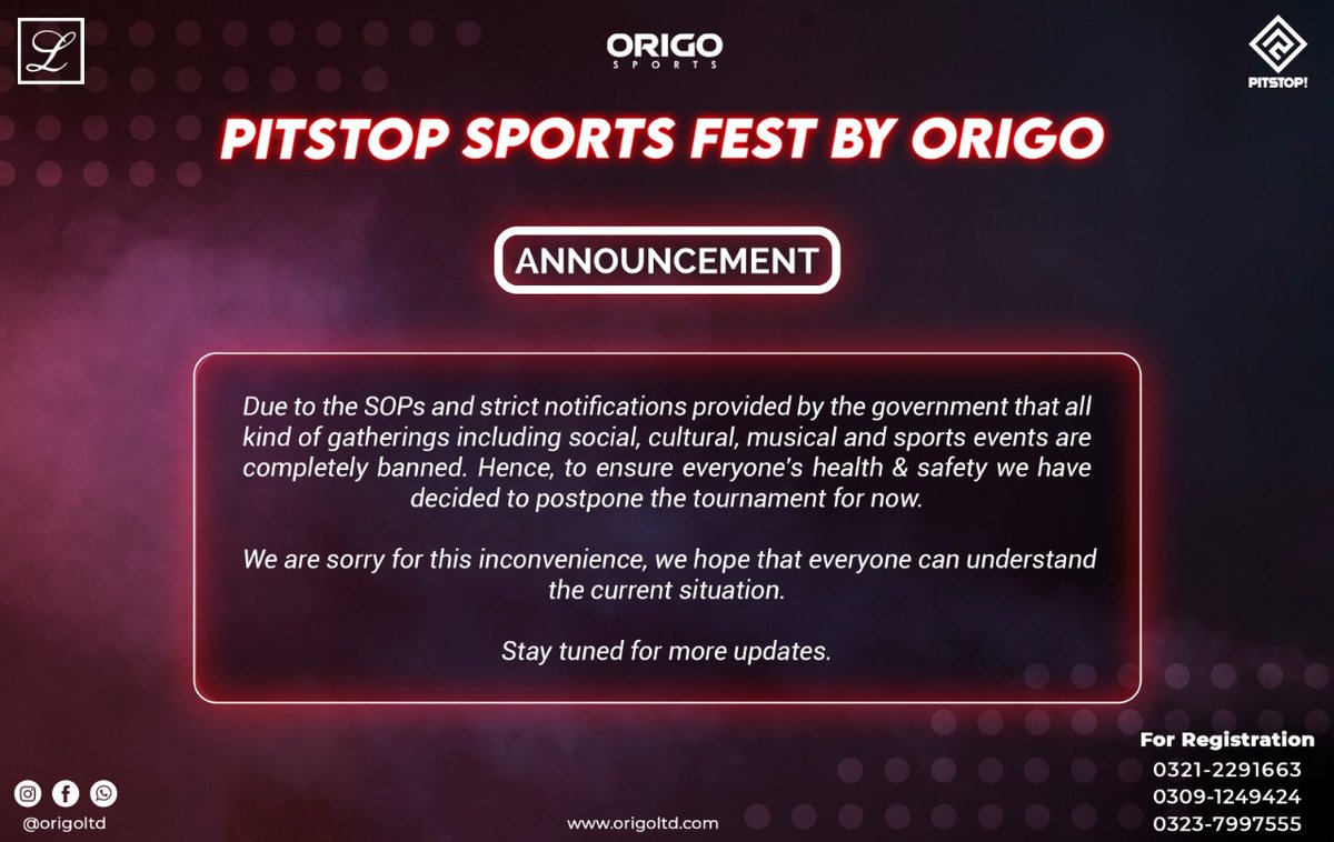 OrigoLtd's tweet photo. Due to the SOPs and strict notifications provided by the government. To ensure everyone's safety, management have to took this decision to postpone the tournament for now. 

We are sorry for this inconvenience, we hope that everyone can understand the current situation. https://t.co/2ZJiHJUMtj