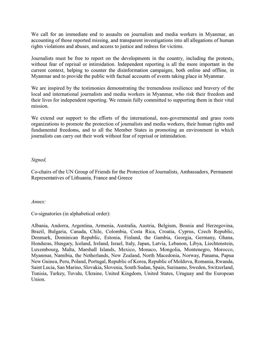 LithuaniaUNNY's tweet photo. Honored to present JST on behalf of co-chairs of #UN GoF for Protection of Journalists 🇱🇹🇫🇷🇬🇷on the situation in #Myanmar, supported by 7⃣9⃣UN MS&amp;🇪🇺! We call to immediately end violence against journalists in Myanmar&amp;protect human rights in this critical time. #ProtectJournalists https://t.co/xS8ZvOhCXW