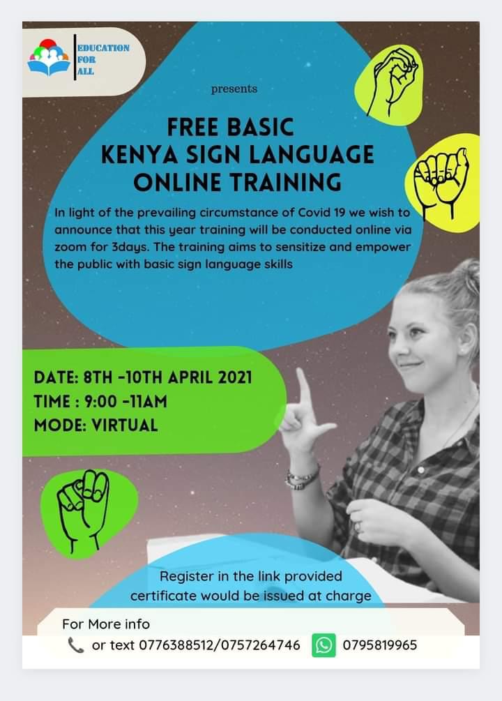 EfaKenya's tweet photo. In our bid to promote an inclusive society E.F.A Kenya offers free training on Basic Kenya Sign Language every year.Incase you missed an opportunity to learn last year take the advantage and REGISTER IN THE LINK BELOW. 
https://t.co/kYckALktg8
#SignlanguageforAll #efakenya https://t.co/hP2YtDtXCK